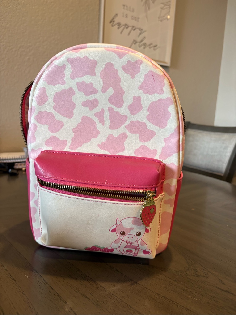 Girls Pink Cow Print Mini Backpack with Strawberry Charm